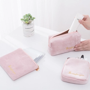 Pink velvet makeup bag set of three with gold embroidery and soft interior lining