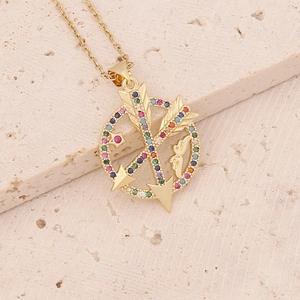 Golden 18K necklace with round moon pendant featuring colorful zircon stones and arrows