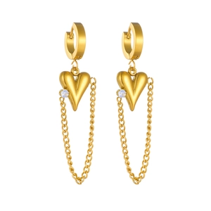 Gold-plated heart drop earrings with white rhinestone and delicate tassel chains on white background