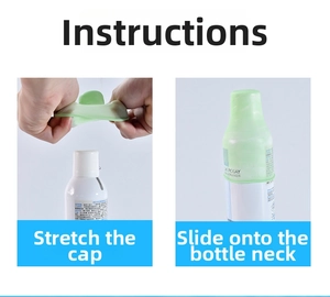 Detailed guide showing stretchable light green silicone leak-proof sleeves for travel bottles