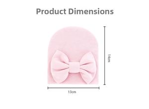 Pink newborn baby hat with large bow detail and precise dimensions of 13cm by 14cm