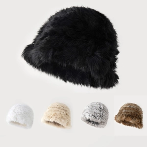 Thick faux rabbit fur winter bucket hat in five colors including black and beige