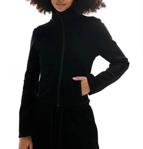 Detailed close-up of a women's black fleece jacket with full zip and high collar texture