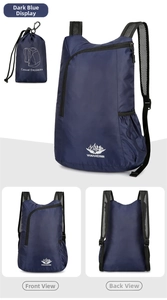 Detail of dark blue foldable outdoor backpack with storage bag and mesh shoulder straps