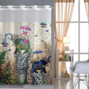 Detailed close-up of double-layer waffle weave shower curtain with vintage art prints