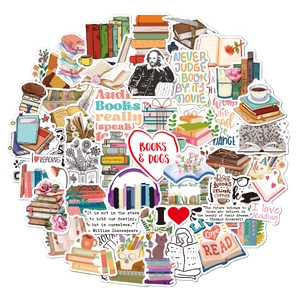 Detailed pile of 50 waterproof reading stickers with book quotes for kindle and laptop