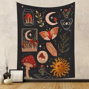 Wall hanging tapestry with mushroom and celestial moon art on black background