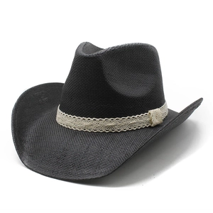 Classic black straw cowboy hat with beige lace band decoration and wide brim for sun protection