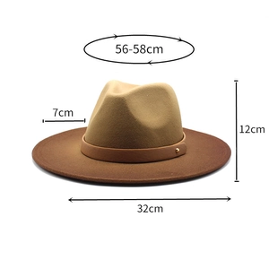 Detailed dimensions for fedora hat with khaki crown, brown brim and leather band