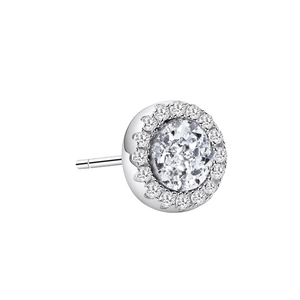 Classic silver round stud earring with a large clear center stone and outer halo stones
