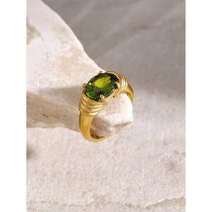 18k gold plated stainless steel ring with oval green stone and twisted band detail