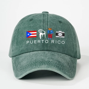 Dark green washed cotton baseball cap featuring vintage Puerto Rico illustration