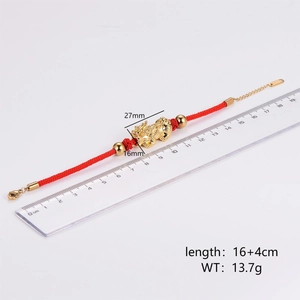 Traditional red string bracelet with golden Pixiu charm and adjustable 16+4cm chain