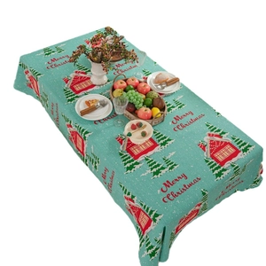 Blue Christmas tablecloth with tree house print and Merry Christmas text for dining decor