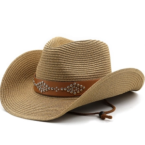 Western Cowboy Hat Straw Sun Protection Outdoor Beach Retro Style Leather Band Rivets For Men Women