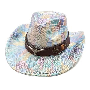 Iridescent snake pattern cowboy hat with metal bull head ornament on a decorative band