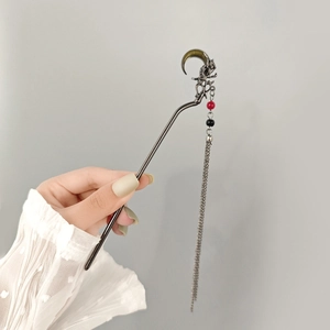 New Chinese style crescent moon hair pin with dragon motifs and long metal tassels