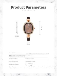 Detailed specs of oval rose gold rhinestone watch with dark brown leather strap