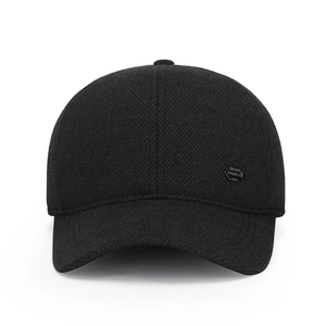 Men's winter wool baseball cap in black with ear flaps and metal BEST SPORT plaque