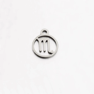 Detailed view of Scorpio zodiac symbol pendant in silver stainless steel with hollow design