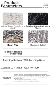 Detailed chart showing microfiber bath mat sizes and anti-slip TPR backing materials