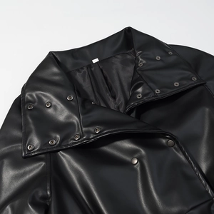 Black faux leather trench coat with drawstring waist and silver snap button collar details