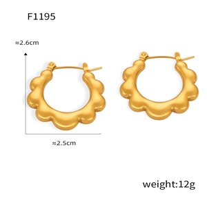 Detail view of gold titanium earrings with scalloped edges and precise dimensions