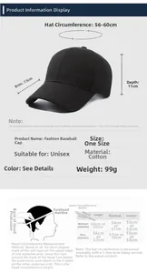 Detailed size guide for cotton baseball cap showing brim width and head circumference chart