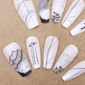 Chinese ink wash press-on nails featuring bamboo art and traditional calligraphy design