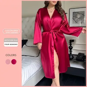 Women Robe Imitation Satin Satin V-Neck Belted Long Sleeve Plus Size Sleepwear Nightwear Home Wear Elegant Solid Color