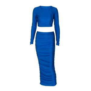 Completo chic blu due pezzi con top corto a maniche lunghe e gonna lunga arricciata aderente