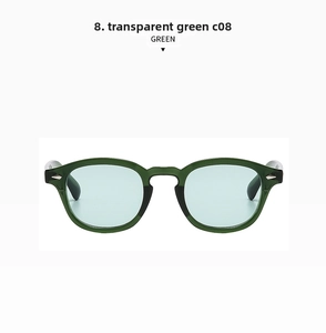 Detail view of transparent green round frames with light blue lenses and rivet accents