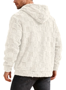 Close-up of white men's hoodie featuring detailed waffle texture and warm sherpa fabric