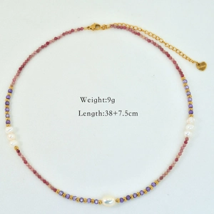 Detail of beaded necklace with purple amethyst, pink stones, and freshwater pearls, 9g weight