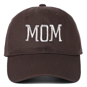 Detailed white MOM embroidery on dark brown cotton canvas baseball cap surface