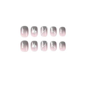 Short grey and pink gradient press-on nails with silver star and line accents