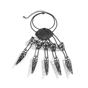Gothic black metal finger harness bracelet with hollow rings and punk cone tassel design