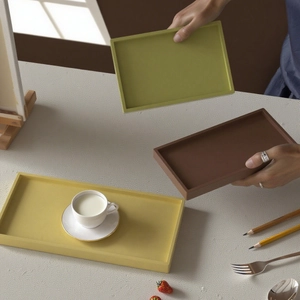 Rectangle resin tray in morandi colors showing sizes for jewelry or food storage