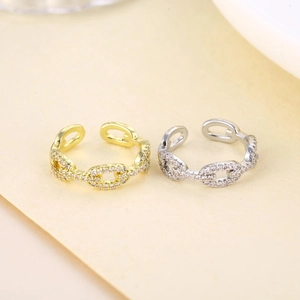 Minimalist Alloy Hollow Chain Link Open Adjustable Ring With Micro Pave White Zircon Fashion Jewelry For Women