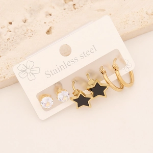 Set of 3 gold stainless steel earrings featuring black star pendants and clear zircons