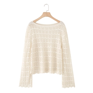 Women Crochet Knit Top Cotton Blend Hollow Out Long Sleeves Scalloped Hem Elegant French Style Vintage Sweater