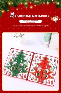 Detail of DIY wooden Christmas tree kit with mini ornaments like Santa and snowmen