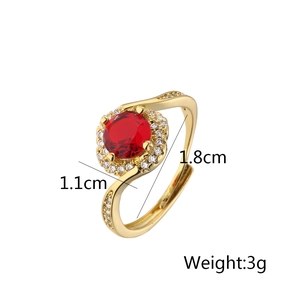 Detailed view of 18K gold plated ring with ruby zircon including size and weight specs