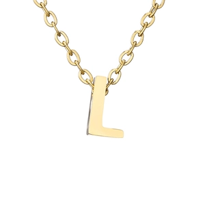 Detailed close-up of a polished gold-plated letter L pendant necklace with O-chain