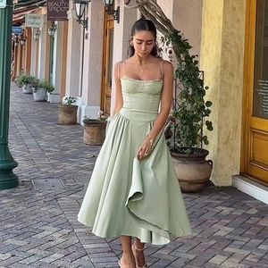 Elegant light green French vintage corset A-line midi dress for women in street style