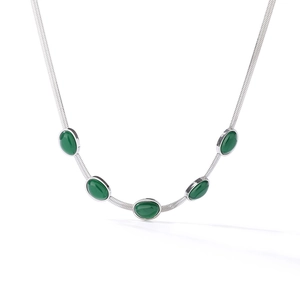 Vintage silver snake chain necklace with five oval green emerald gemstones for women