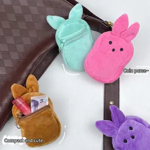 Cute bunny ear plush coin purses in four colors with zipper and metal keychain