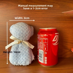 Blue coral fleece teddy bear towel gift dimensions 14x8cm compared to a soda can