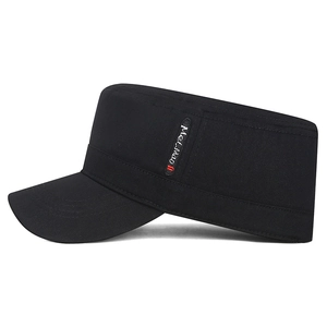 Classic black cotton canvas flat top army cap with side embroidery for men