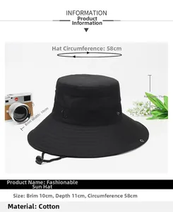 Detail showing 10cm brim and breathable mesh of black cotton outdoor fishing sun hat